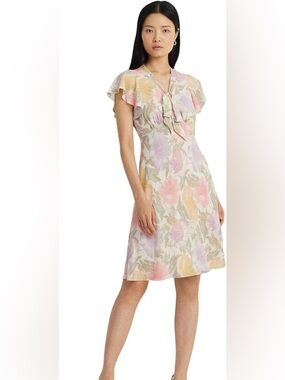 Ralph Lauren Pastel Floral Ruffle-Front Midi Dress